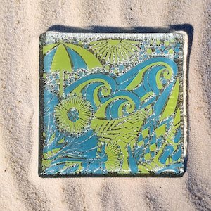 NZ Made Glass Coasters Kiwi Summer - Blue/Yellow - 4pk w/stand