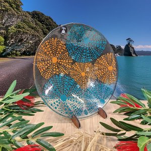 Glass Bowls: NZ Made Glass Bowl Kina 310mm - Teal/Terracotta w/stand