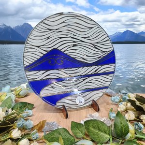 Glass Bowls: NZ Made Glass Bowl Te Maunga 310mm - Blue/Wht w/stand