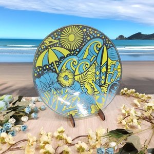 NZ Made Glass Bowl Kiwi Summer 310mm - Blue/Yellow w/stand