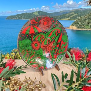 NZ Made Glass Bowl Kiwi Summer 310mm - Green/Red w/stand