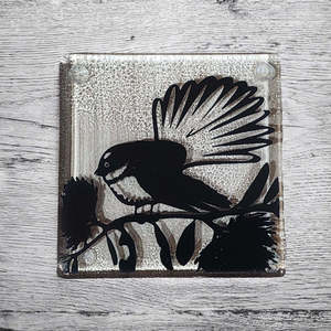 Coasters: NZ Made Glass Coaster Fantail Piwakawaka - Single in display box