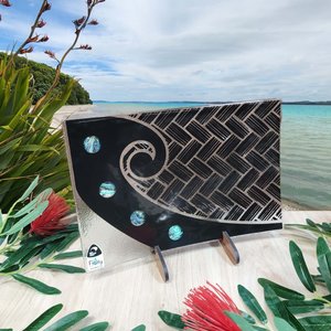 NZ Made Glass Paua Platter/Plate Koru Kete - Blk w/stand w/stand