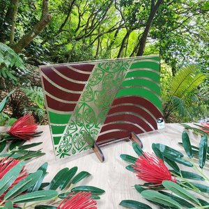 NZ Made Glass Platter/Plate Kowhaiwhai - Green/Brown w/stand