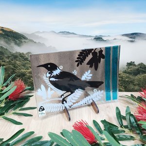 Glass Plates: NZ Made Glass Platter/Plate - Native Tui/Kowhai - Blk/Wht/Aqua w/stand