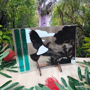 NZ Made Glass Platter/Plate - Native Wood Pigeon Kereru/Kauri - Blk/Wht/Teal w/stand