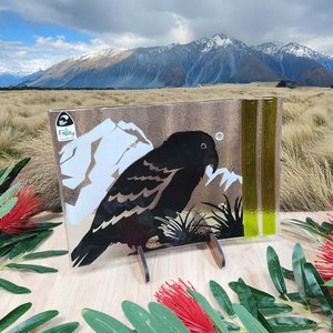 NZ Made Glass Platter/Plate - Native Kea/Mt Cook - Blk/Wht/Olive w/stand