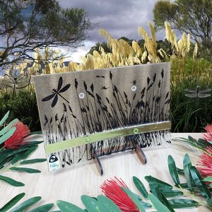 NZ Made Glass Platter/Plate - Reflections Dragonfly - Lime w/stand