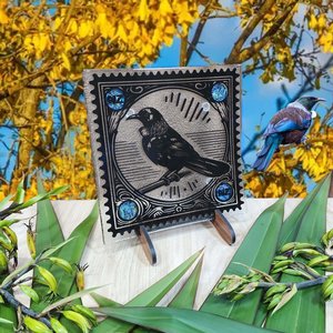 NZ Made Glass Paua Platter/Plate - Stamped Tui - w/stand