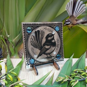 NZ Made Glass Paua Platter/Plate - Stamped Fantail Piwakawaka - w/stand