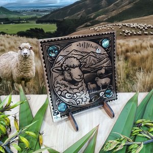NZ Made Glass Paua Platter/Plate - Stamped Sheep - w/stand