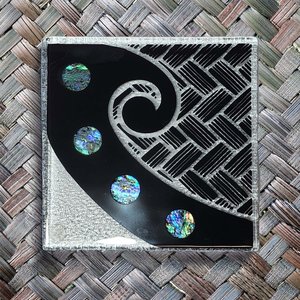 NZ Made Glass Paua Coasters Koru Kete - Blk - 4Pk w/stand