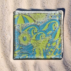 NZ Made Glass Coasters Kiwi Summer - Blue/Yellow - 4pk w/stand