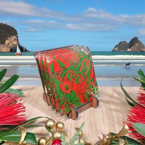 NZ Made Glass Coasters Kiwi Summer - Green/Red - 4Pk w/stand4