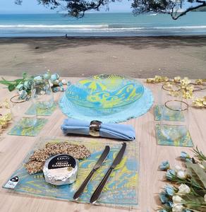 NZ Made Glass Tableware Set Kiwi Summer - Blue/Yellow - 6pc