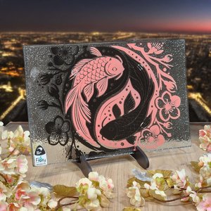 Koi Balance Collection: NZ Made Glass Platter/Plate Koi Balance - Pink/Black w/stand