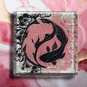 NZ Made Glass Coasters Koi Balance - Pink/Blk - 4Pk w/stand