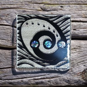 NZ Made Glass Paua Coasters Ocean Paua - Blk - 4Pk w/stand