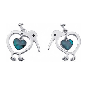 Paua Kiwi Heart Dangle Hook Earrings