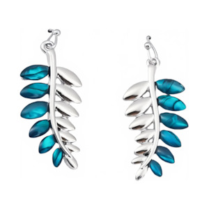 Earrings: Paua Silver Fern Dangle Hook Earrings