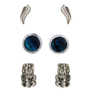 Earrings: Paua Trio - Fern Circle Tiki Stud Earrings Set