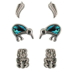 Earrings: Paua Trio - Fern Kiwi & Tiki Stud Earrings Set