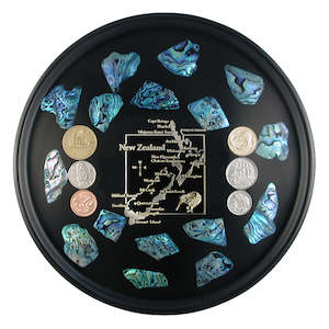 Giftware: Bar Tray Gold Foil NZ Map With REAL Coins x6
