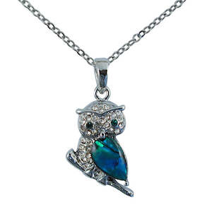 Animal Necklaces: Paua Glitzy Ruru Owl Diamante Necklace