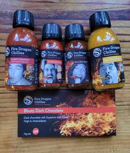 Products: Chilli ‎HOTBOX Pack - Get 4 Chilli Sauces Plus NZ's HOTTEST Chocolate - Fire Dragon Chillies