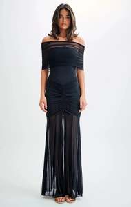 Maternity: Caspian Slinky And Mesh Off Shoulder Maxi Dress (Black)