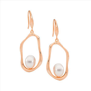 Pearl Jewellery: Ss Open Oval Earrings W/ Freshwater Pearl On Shp/Hook, Rose Gold Plating