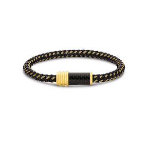 Cudworth: Stainless Steel Gold Plate and Black Leather Cable Carbon Fibre Bracelet