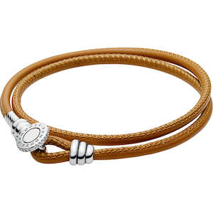 Birthdays: Golden Tan Moments Double Leather Bracelet W Stg