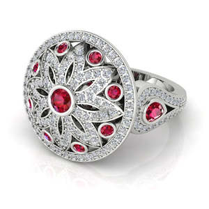 18ct White Gold Diamond & Ruby Cluster Ring