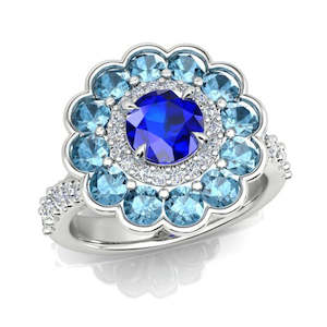 Ascolani: 18ct White Gold Diamond, Blue Sapphire and Aquamarine Cluster Ring