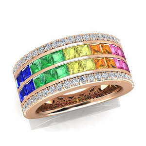 Ascolani: 18ct Rose Gold Double Row Diamond & Rainbow Sapphire Dress Ring