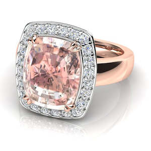 18ct Rose & White Gold Morganite & Diamond Halo Dress Ring