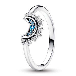 Fashion Rings: Celestial Moon Sterling Silver Ring With Night Blue Crystal And Clear Cubic Zirconia