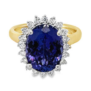 18ct Yellow/White Gold Tanzanite & Diamond Halo Ring TZ=5.18ct DI=0.42ct