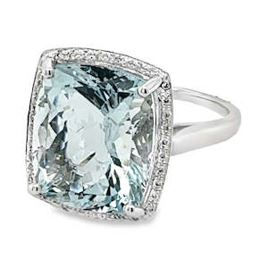 Ascolani: 18ct White Gold Cushion Cut Aquamarine & Diamond Halo Ring A=8.18ct DI=0.10ct