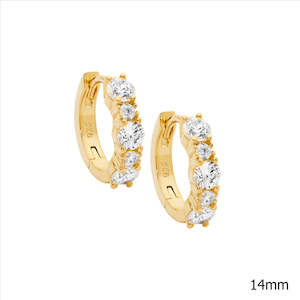 Sterling Silver 14Mm Hoop Earrings W/ 2 & 3.5Mm Wh Cz, Gold Plating