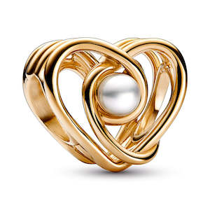 Openwork Heart 14K Gold Charm With White Treated Freshwater Cultured Pearl