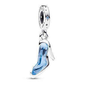 Charms: Disney Cinderella shoe sterling silver dangle with fancy light blue cubic zirconia and forever blue crystal