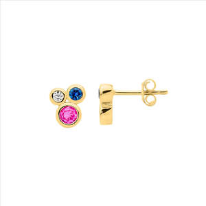 Sterling Silver Bezel Set Multi Colour Cz Cluster Earrings W/Gold Plating