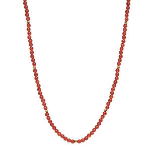 4Mm Round Red Onyx & 3Mm Yellow Gold (14K 1Mc) Plated Silver Bead Necklace, 42Cm +5Cm Ext