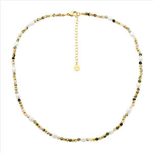 Ellani: Stainless Steel Tree Agate & Freshwater Pearl 40Cm Necklace W/Gold Ip Plating