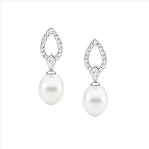 Sterling Silver,White Cubic Ziconia Tear Drop Earrings / Freshwater Pearl