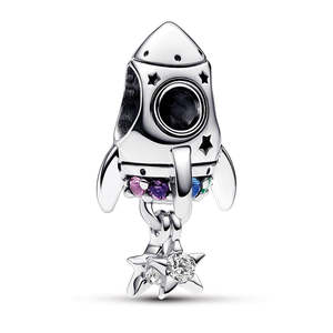 Gifts Under 100: Space Rocket Sterling Silver Charm With Phlox Pink, Royal Purple, Stellar Blue And Royal Green Crystal And Clear Cubic Zirconia