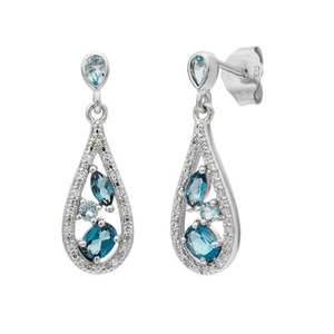 Earrings: 9ct White Gold London Blue Topaz & Diamond Drop Earrings