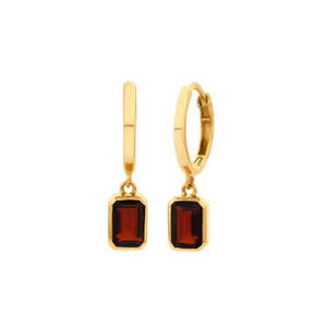 Earrings: 9ct Yellow Gold Garnet Drop Huggie Earrings